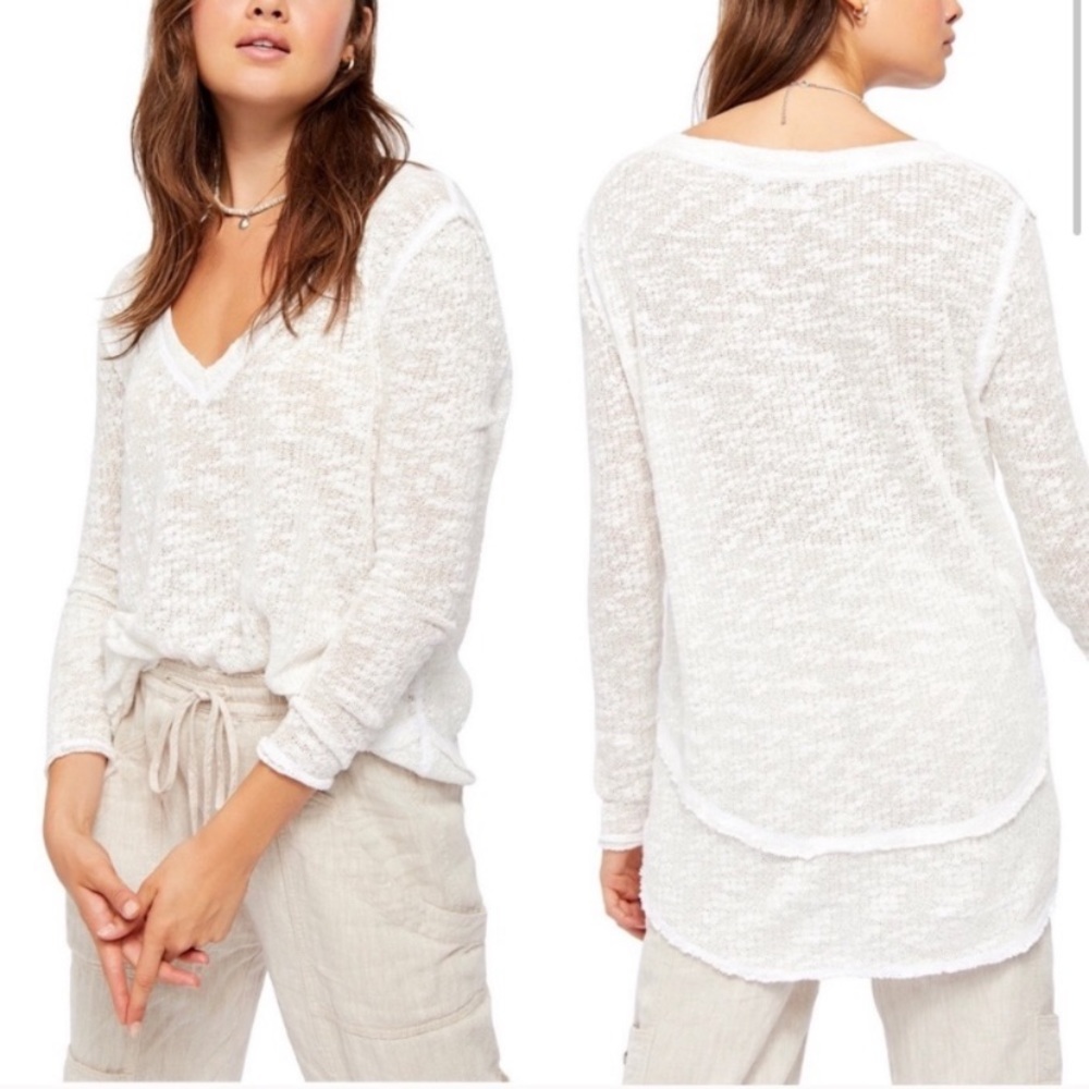 Free People Ocean Air Hacci Long Sleeve Shirt White V Neck